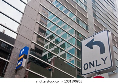 MELBOURNE, AUSTRALIA - JULY 30, 2018: Arrow Sign To Only Turn Left To Parking Building