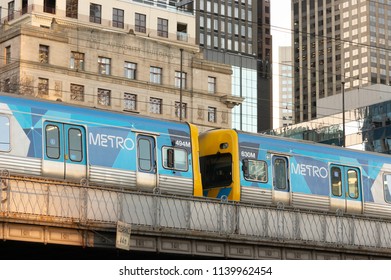 Melbourne, Australia - July 6th 2018: Melbourne Metro Train In The CBD