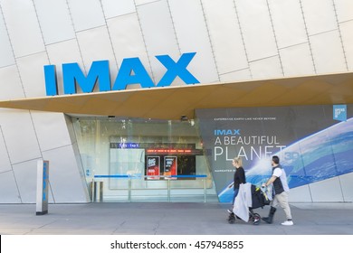 Melbourne, Australia - July 9, 2016: View Of People In Front Of The IMAX Theatre During Daytime. IMAX Melbourne Has The Second Largest Screen In The World.