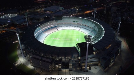 MELBOURNE, AUSTRALIA - Mar 20, 2021: An Aerial Of The MCG Sports Stadium In Melbourne Lighted Up At Night 