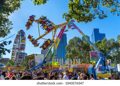 Melbourne, Australia - Mar 8, 2015: Amusement Rides At The Annual Moomba Festival