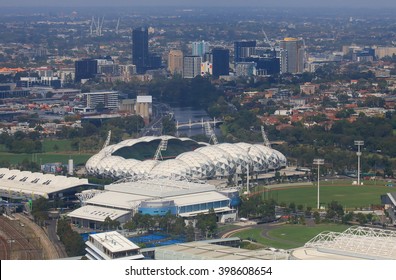 MELBOURNE AUSTRALIA - MARCH 13, 2016: Melbourne Cityscape Over AAMI Rectangular Stadium In Australia
