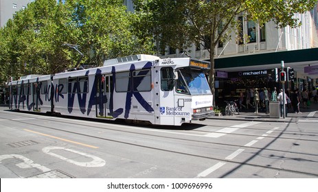 Melbourne, Australia: March 18, 2017: Tram In Melbourne City Center. Melbourne Has The Largest Urban Tramway Network In The World.