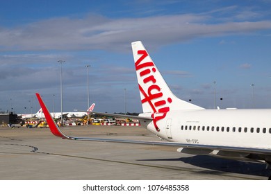 Melbourne, Australia: March 26, 2018: Virgin Australia Airplane On The Runway At Tullamarine Airport In Melbourne. Virgin Australia Airlines Is Australia's Second-largest Airline After Qantas