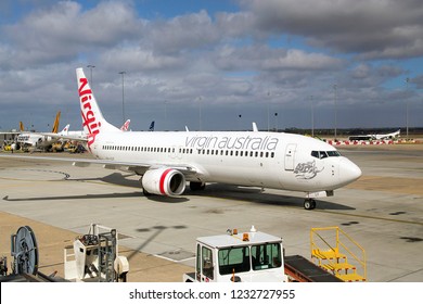 Melbourne, Australia: March 26, 2018: Virgin Australia Airplane On The Runway At Tullamarine Airport In Melbourne. Virgin Australia Airlines Is Australia's Second-largest Airline After Qantas.