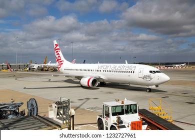 Melbourne, Australia: March 26, 2018: Virgin Australia Airplane On The Runway At Tullamarine Airport In Melbourne. Virgin Australia Airlines Is Australia's Second-largest Airline After Qantas.