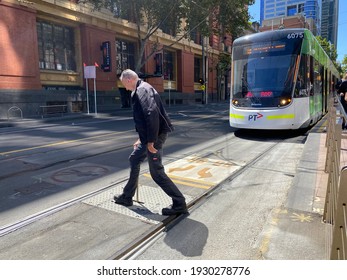 Melbourne, Australia - March 6th 2020: A Tram Driver Switches Tracks For A Melbourne Tram