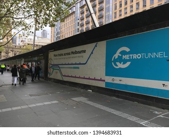 Melbourne, Australia - May 11th 2019: Metro Tunnel New Train Line  Construction Sign And Fence