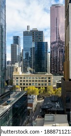 Melbourne, Australia - May 12, 2019: Front View Of Melbourne Institute Of Technology From An Elevated Vantage Point. Modern High-rise Buildings Dwarf The Institute. In Central Business District (CBD).