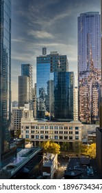 Melbourne, Australia - May 12, 2019: Front View Of Melbourne Institute Of Technology From An Elevated Vantage Point. Modern High-rise Buildings Dwarf The Institute. In Central Business District (CBD).