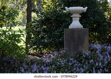 Melbourne, Australia - May 12, 2021:  Old Greek Urn On A Large Plinth Surrounded With A Delicate Blue Flowering Ground Cover In Gentle Autumn Sunshine, In The Fitzroy Gardens In Melbourne, Australia.