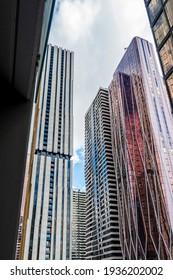 Melbourne, Australia - May 13, 2019: View Of Modern High-rise Buildings In Diminishing Perspective From An Elevated Vantage Point. In The Central Business District (CBD).