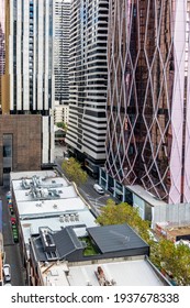 Melbourne, Australia - May 13, 2019: View Of Modern High-rise Buildings In Diminishing Perspective From An Elevated Vantage Point. In The Central Business District (CBD).