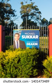 Melbourne, Australia - May 18, 2019: Liberal Party Posters At The Polling Place At Mallauna College In Mitcham In The Eastern Suburban Electorate Of Deakin.