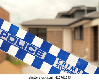 Melbourne, Australia -May 19, 2016: Blue And White Police Tape Cordoning Off A Building Site Like A Crime Scene, Australia 2016