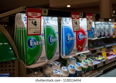 Melbourne, Australia - May 25, 2018: Snack Foods Displayed Near The Checkout Counter.