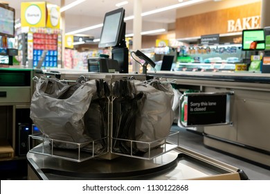 Melbourne, Australia - May 25, 2018: Free Plastic Bags For Customers In Woolworths.  Plastic Bag Supermarket Ban To Take Efect In Victoria On July 1st, 2018.