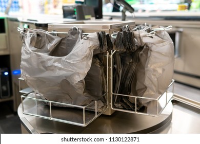 Melbourne, Australia - May 25, 2018: Free Plastic Bags For Customers In Woolworths.  Plastic Bag Supermarket Ban To Take Efect In Victoria On July 1st, 2018.