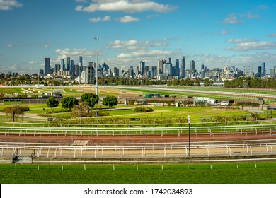 Melbourne, Australia - May 25, 2020: Flemington Racecourse With City Skyline In The Background