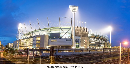 MELBOURNE, AUSTRALIA - MAY 31, 2014: The Melbourne Cricket Ground In Victoria, Australia At Night. The MCG Is The Largest Stadium In Australia.