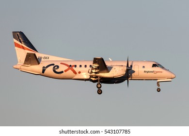 Melbourne, Australia - November 10, 2011: Regional Express (REX) Airlines Saab 340B VH-EKX On Approach To Land At Melbourne International Airport. 