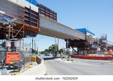 Melbourne, Australia - November 19, 2017: Construction Of The Skyrail Metro Train Grade Separation Project At The Centre Road Level Crossing In South Clayton.