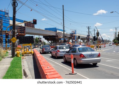 Melbourne, Australia - November 19, 2017: Construction Of The Skyrail Metro Train Grade Separation Project At The Centre Road Level Crossing In South Clayton.