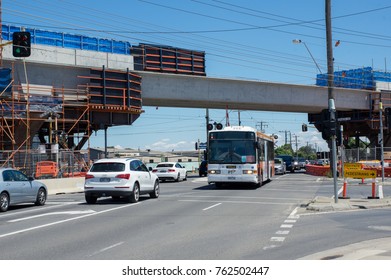 Melbourne, Australia - November 19, 2017: Construction Of The Skyrail Metro Train Grade Separation Project At The Centre Road Level Crossing In South Clayton.