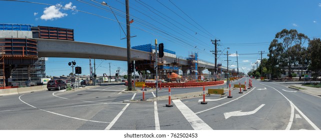 Melbourne, Australia - November 19, 2017: Construction Of The Skyrail Metro Train Grade Separation Project At The Centre Road Level Crossing In South Clayton.