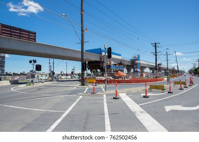 Melbourne, Australia - November 19, 2017: Construction Of The Skyrail Metro Train Grade Separation Project At The Centre Road Level Crossing In South Clayton.