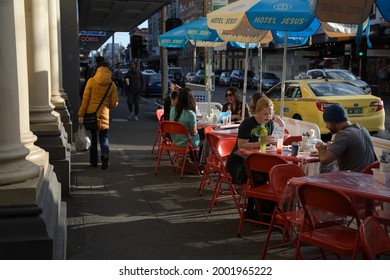Melbourne, Australia - November 24, 2016:  Outdoor al fresco dining at one of the many cafes and restaurants along Smith Street Collingwood, Melbourne.