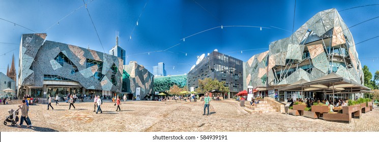 MELBOURNE, AUSTRALIA - OCT 19: Panoramic view of Federation Square on October 19, 2015 in Melbourne. It is a mixed-use development in the inner city of Melbourne, covering an area of 3.2 hectares.