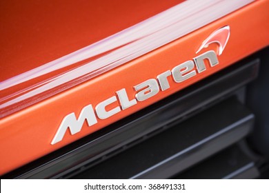 Melbourne, Australia - Oct 23, 2015: Close-up view of the logo on a McLaren supercar on public display in a car show