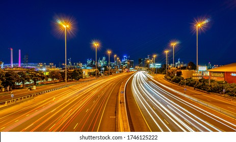 Melbourne, Australia - Oct 31, 2015: Lights Trails Of The Moving Traffic Along The West Gate Freeway