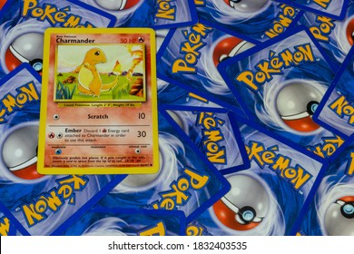 Melbourne, Australia - October 13 , 2020: Charmander On Pokemon Trading Cards Background