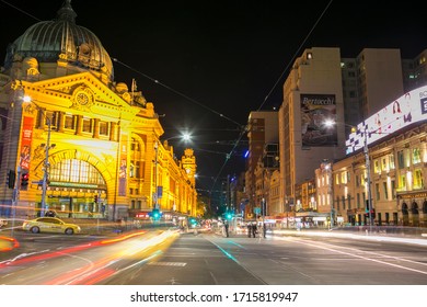 Melbourne, Australia - October 17,2013   Street In Front Of Flinders Street Railway Station Melbourne  Australia Night Photography 