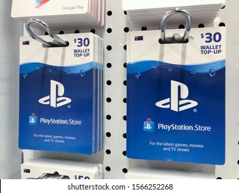 MELBOURNE, AUSTRALIA - OCTOBER 25, 2019 : Playstation Gift Cards On Store Shelf. A Gift Card Is A Prepaid Card Issued By A Retailer To Be Used For Purchases Within A Particular Store.