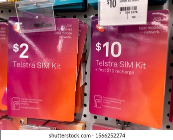 MELBOURNE, AUSTRALIA - OCTOBER 25, 2019 : Telstra sim kit on store shelf display for sale.