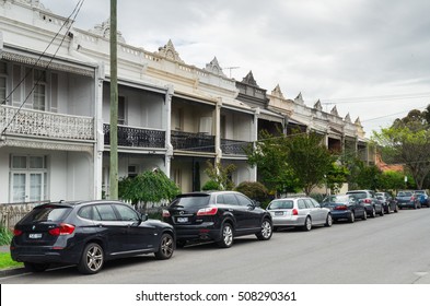 Melbourne, Australia - October 26, 2016: A Row Of Neat Terrace Houses In Elgin Street In Hawthorn, An Upper-middle Class Inner Eastern Suburb Of Melbourne.