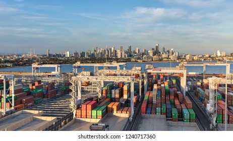 Melbourne, Australia - October 26: Victoria international container terminal against the background of Melbourne on October 26, 2018 in Melbourne, Australia.