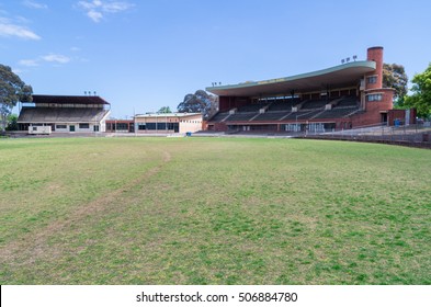 Melbourne, Australia - October 27, 2016: Glenferrie Oval, With The Red Brick Michael Tuck Stand, Is The Former Home Of The Hawthorn Hawks AFL Club. The Oval Is Now A Public Park.