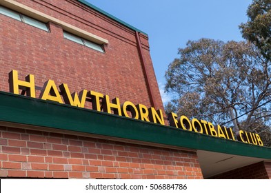 Melbourne, Australia - October 27, 2016: The Hawthorn Football Club Shop At The Club's Former Glenferrie Oval Home. The Hawthorn Hawks Play In The AFL Australian Rules Football Competition.