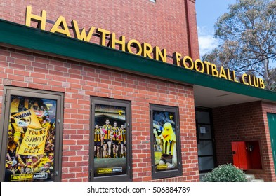 Melbourne, Australia - October 27, 2016: The Hawthorn Football Club Shop At The Club's Former Glenferrie Oval Home. The Hawthorn Hawks Play In The AFL Australian Rules Football Competition.