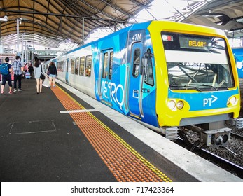MELBOURNE, AUSTRALIA. – On December 25, 2013 –  Metro Trains Stop At The Railway Platform In Melbourne.