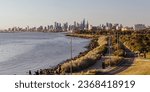 MELBOURNE, AUSTRALIA - SEPT 29, 2023: The famous and popular Point Ormond Lookout in Elwood Park and Foreshore Reserve on a sunny spring afternoon in Melbourne, Victoria, Australia