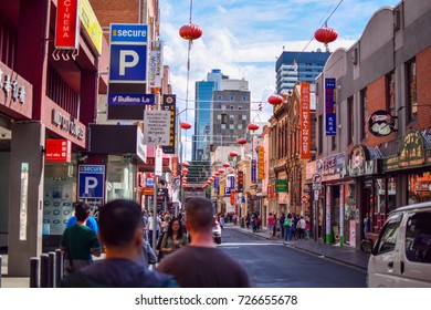 MELBOURNE, AUSTRALIA - SEPTEMBER 20, 2015: China Town In The Central Business District With People And Clear Blue Sky In Victoria State.