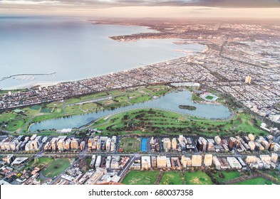 Melbourne Bayside Suburbs Of Albert Park And South Melbourne, With Albert Park Lake In The Foreground, In Australia.