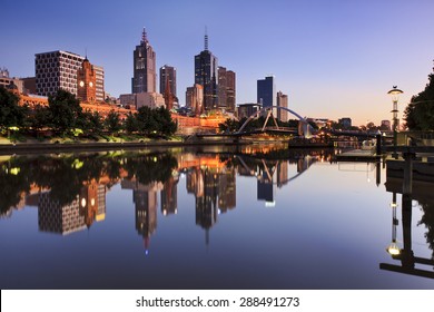 Melbourne Capital City CBD Reflection At Waterfront Of Yarra River At Sunrise Time Still Scene