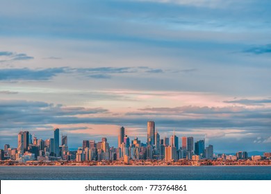 Melbourne CBD Skyline Panorama At Sunset, Victoria, Australia