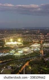 Melbourne City Aerial View Vertical Skyline Cityscape, Melbourne Cricket Ground, Rod Laver Arena, Hisense Arena, Melbourne Park, Australian Open at Dusk Sunset from Eureka Tower, Victoria, Australia